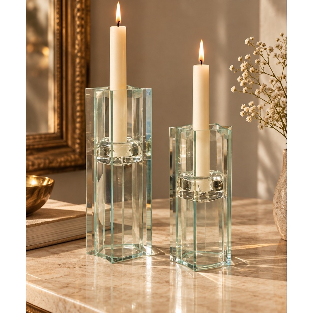 Vintage Clear Glass Beveled Graduated Art Deco MCM Taper Candle Holders Set of 2
